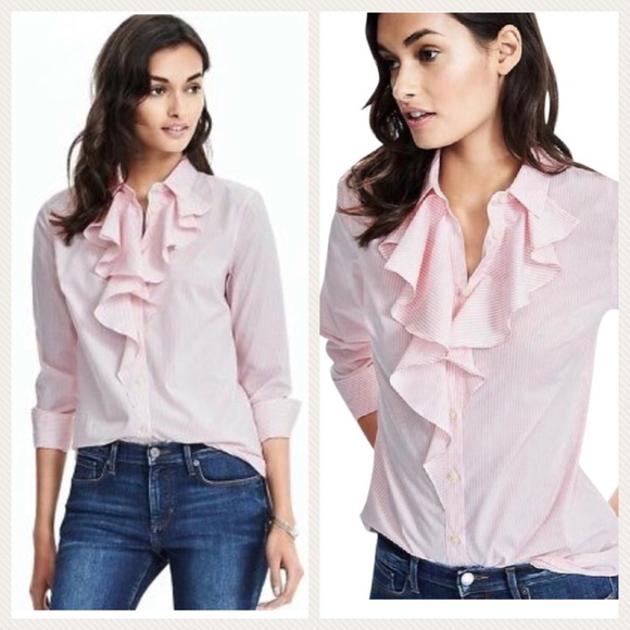 Banana Republic Tops - Banana Republic Riley Pink Striped Shirt w/Ruffle